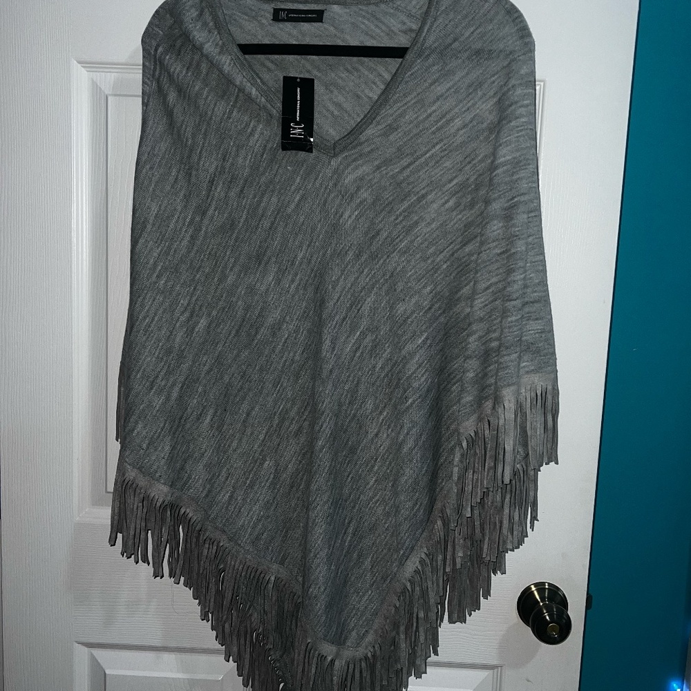 INC International Concepts Gray Fringe Sweater Poncho